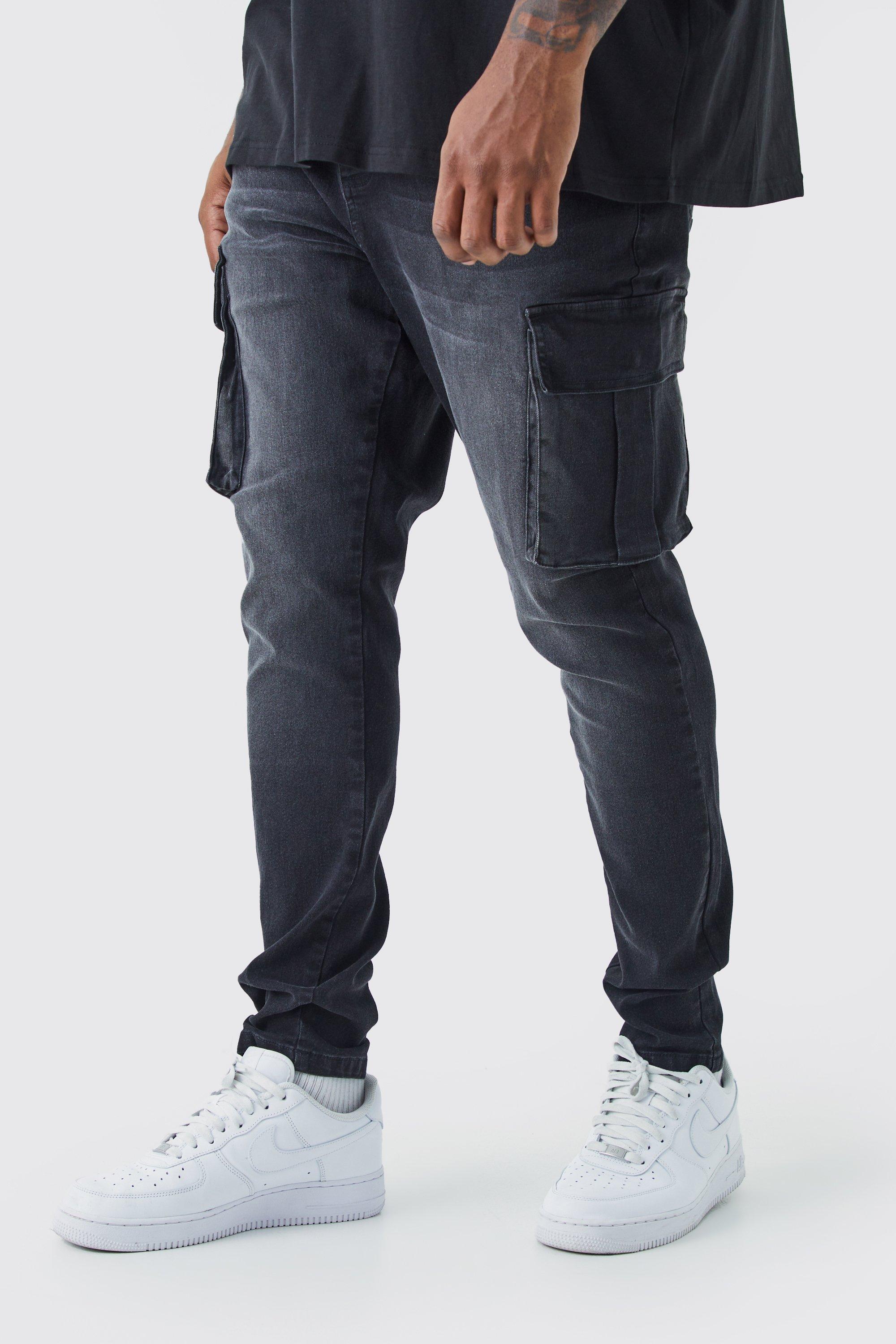 Mens Black Plus Super Skinny Cargo Jeans, Black